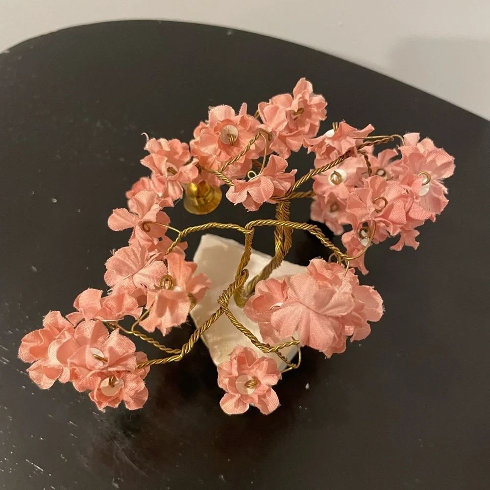 VTG Prosperity Tree Brass bells & light pink Fabric Flowers w/marble Base